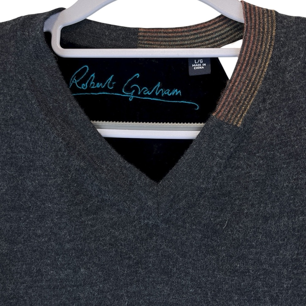Robert Graham V-neck Pullover Cotton Sweater Micro Stripes at Neck / Hem Gray L